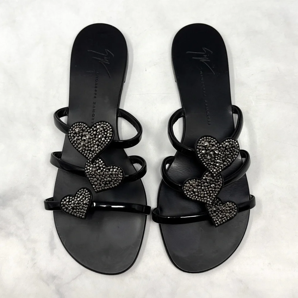Giuseppe Zanotti Anya Swarovski Crystal Heart Slide Mule Flat Sandals Black 37.5